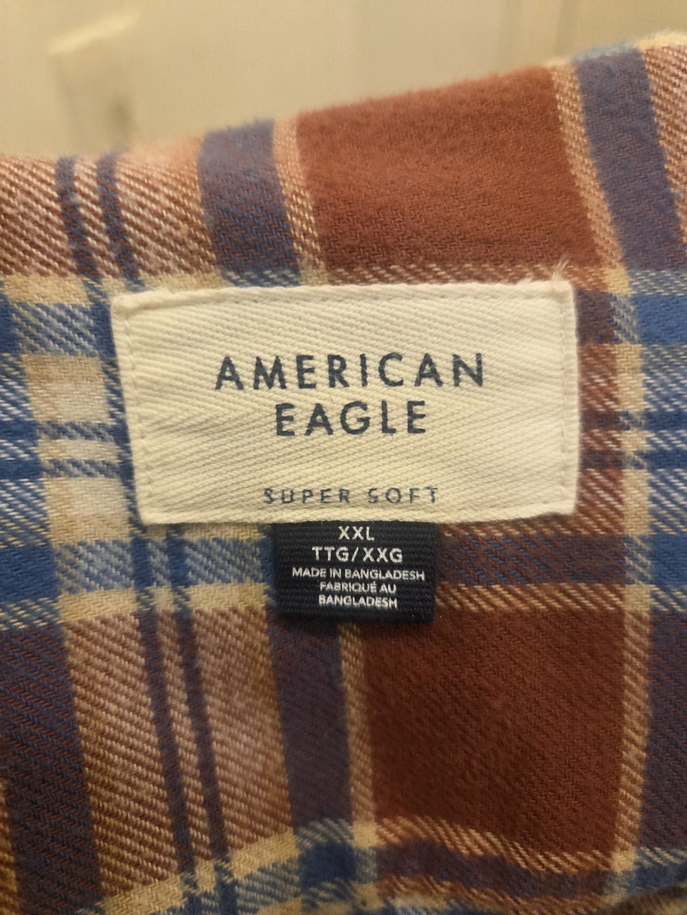 American Eagle Super Soft Plaid Button-Down Shirt in Rust, Blue & Cream